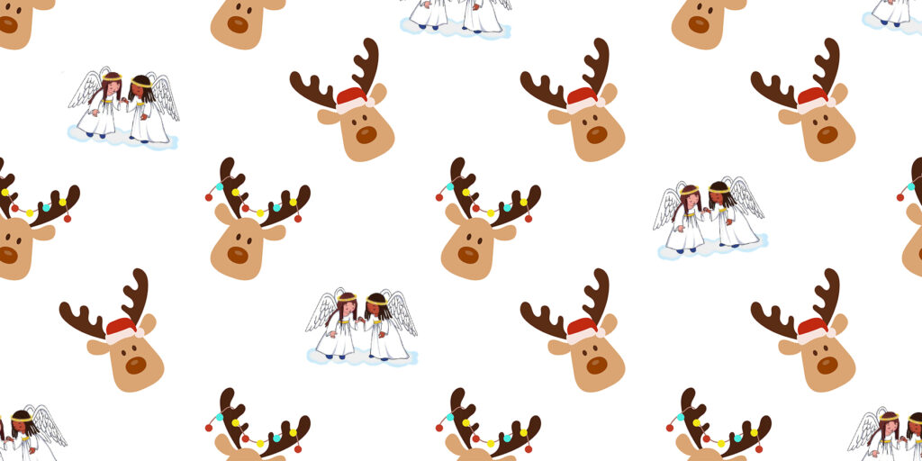 Seamless pattern with cute Christmas deer, animal head with Sant