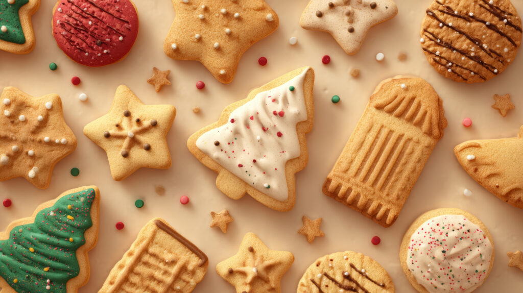 Christmas cookie holiday dessert festive baking sugar cookie iced cookie shortbread star shape tree shape winter sprinkle joy