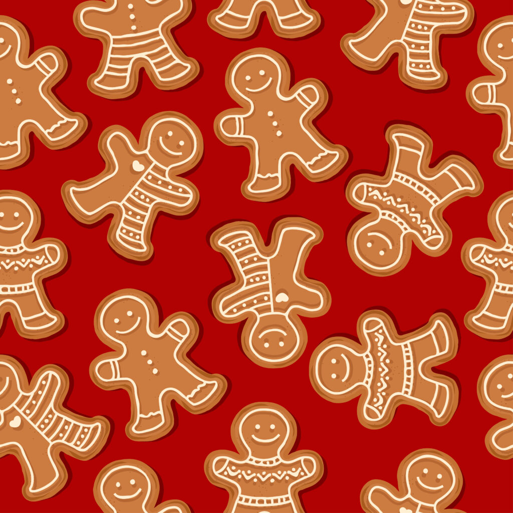 Festive Christmas seamless pattern with gingerbread men on red background. Vector